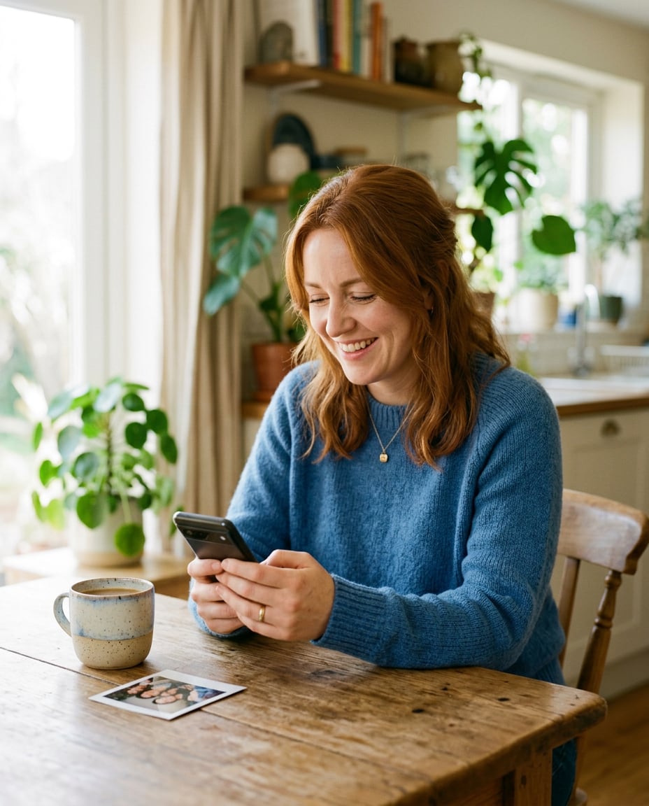 Une femme écrit un mot sur son téléphone, à sa table, une photo près de sa tasse.