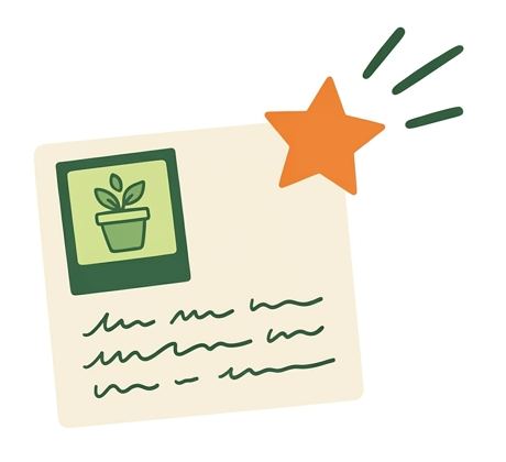 Illustration d’une carte postale avec une photo de plante, des lignes manuscrites et une étoile orange.